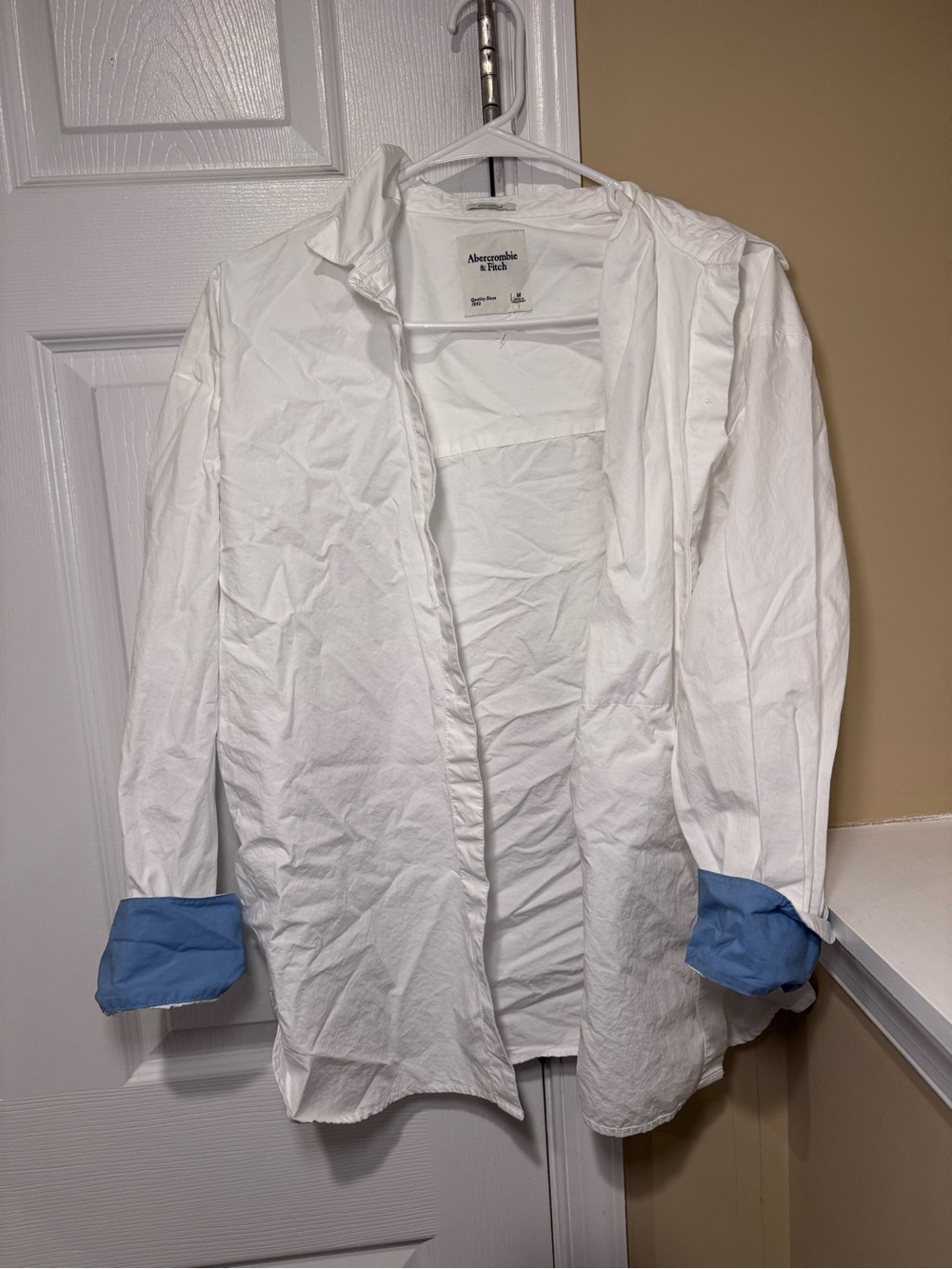 Abercrombie & Fitch Womens White Long-Sleeve Shirt with Blue Cuff Detail